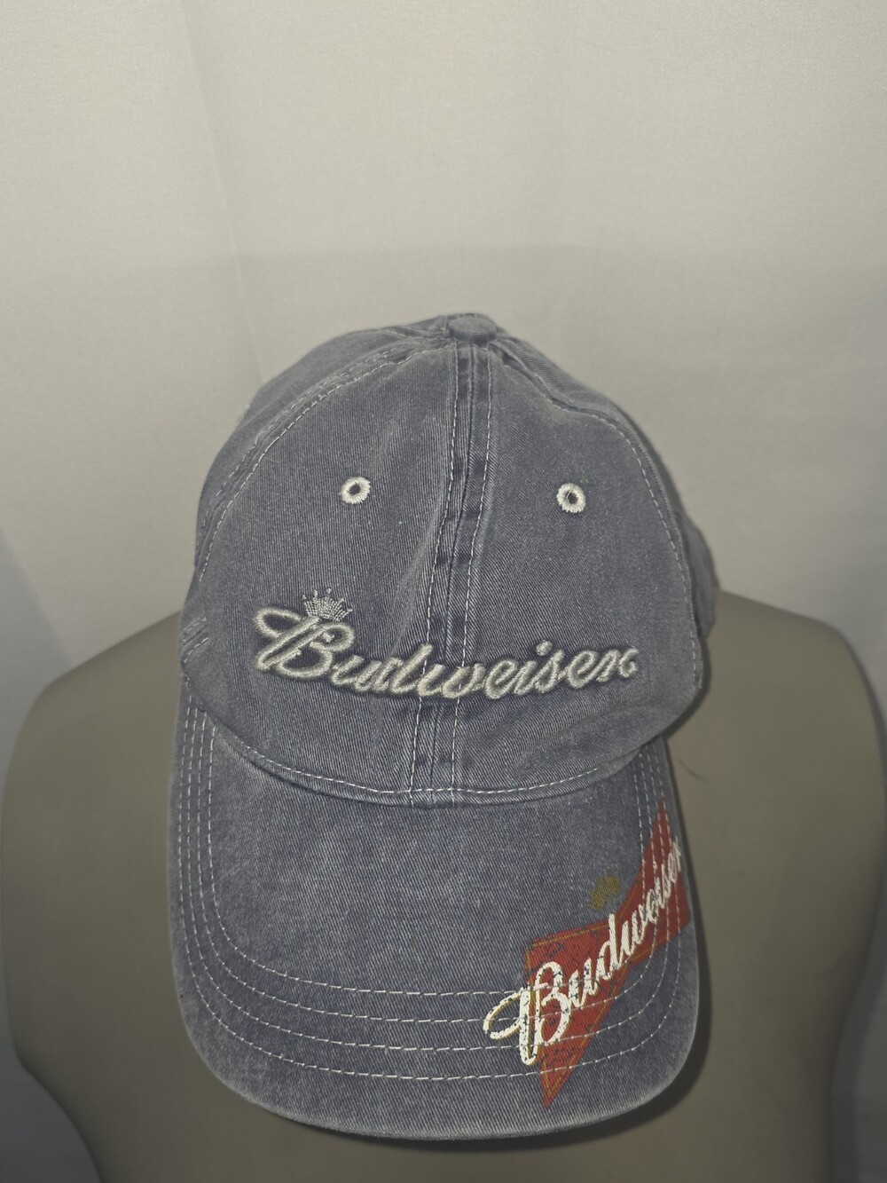 Y2K Budweiser Beer Denim Baseball Cap Hat Strapback Cotton Adjustable Blue Red